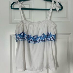 Lilly Pulitzer tie strap ruffle top white and blue size M